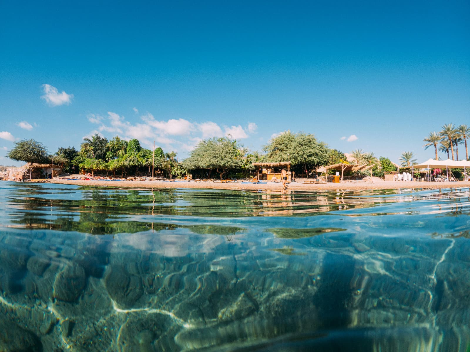 Half-submerged view of the clear turquoise waters of the Red Sea in Eilat, with the beach and palm trees in the background